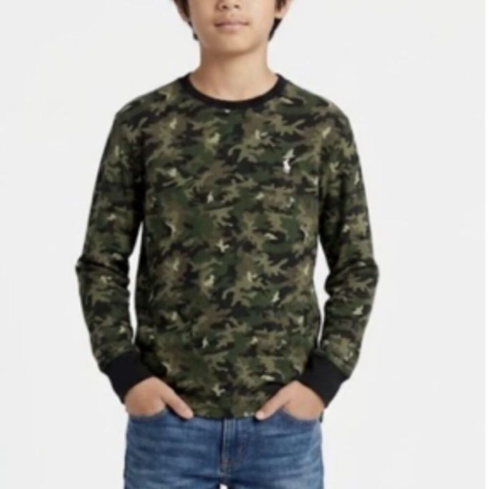 Polo Ralph Lauren Green Tan Camo Print Thermal Knit Crewneck LS Shirt Boys Sz L